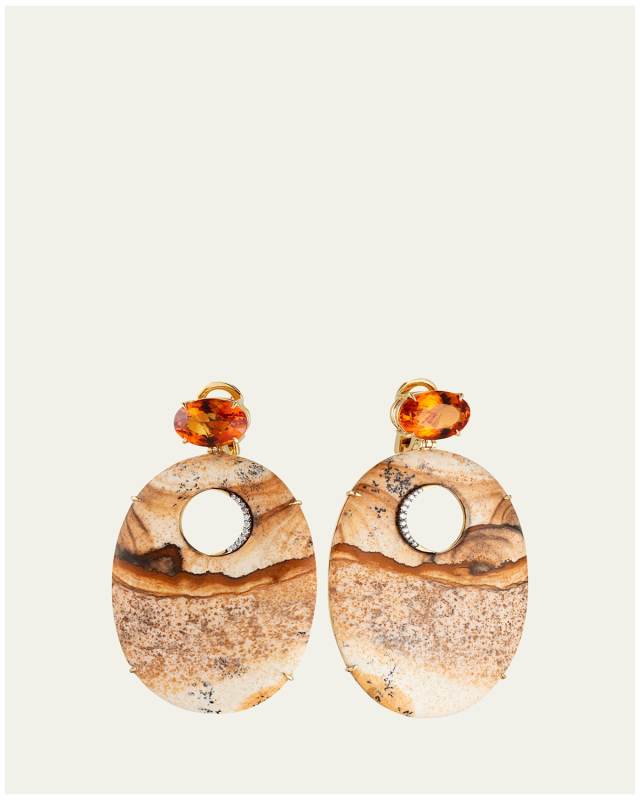 18K Yellow Gold Landscape Pattern Jasper Earrings with Citrine and Diamonds